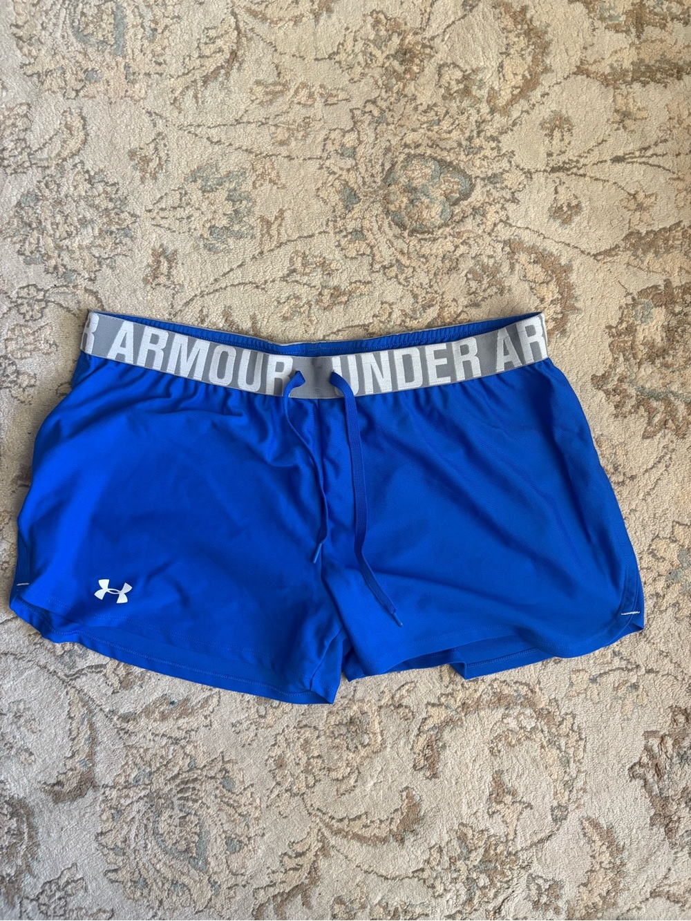 Under Armour Royal Blue Athletic Shorts with White Logo and Gray Waistband